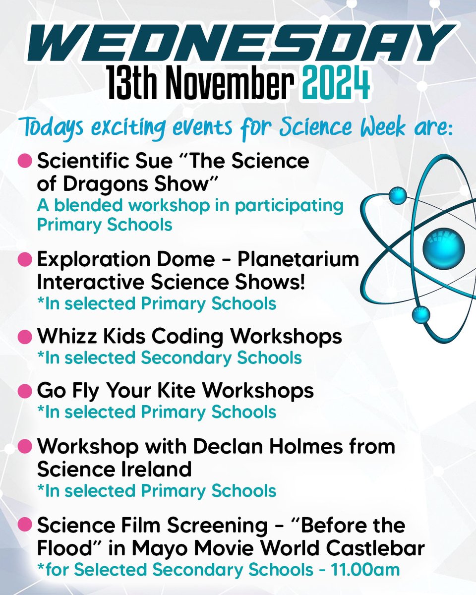 🌟 Science Week – Wednesday, Nov 13th Highlights! 🌟

🐉 Science of Dragons Show  
🌌 Exploration Dome Planetarium Shows  
💻 Whizz Kids Coding for secondary schools  
🪁 Go Fly Your Kite Workshop  
🎬 "Before the Flood" Screening at 11 AM