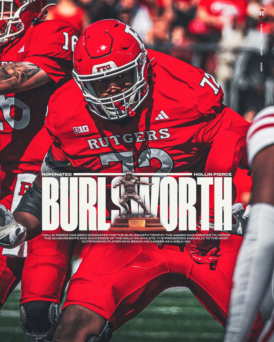 OL Hollin Pierce represents Rutgers football on the list of Burlsworth Trophy nominees announced this week. 

The Trophy is given to the most outstanding football player who began his career as a walk-on and has shown outstanding performance on the field.