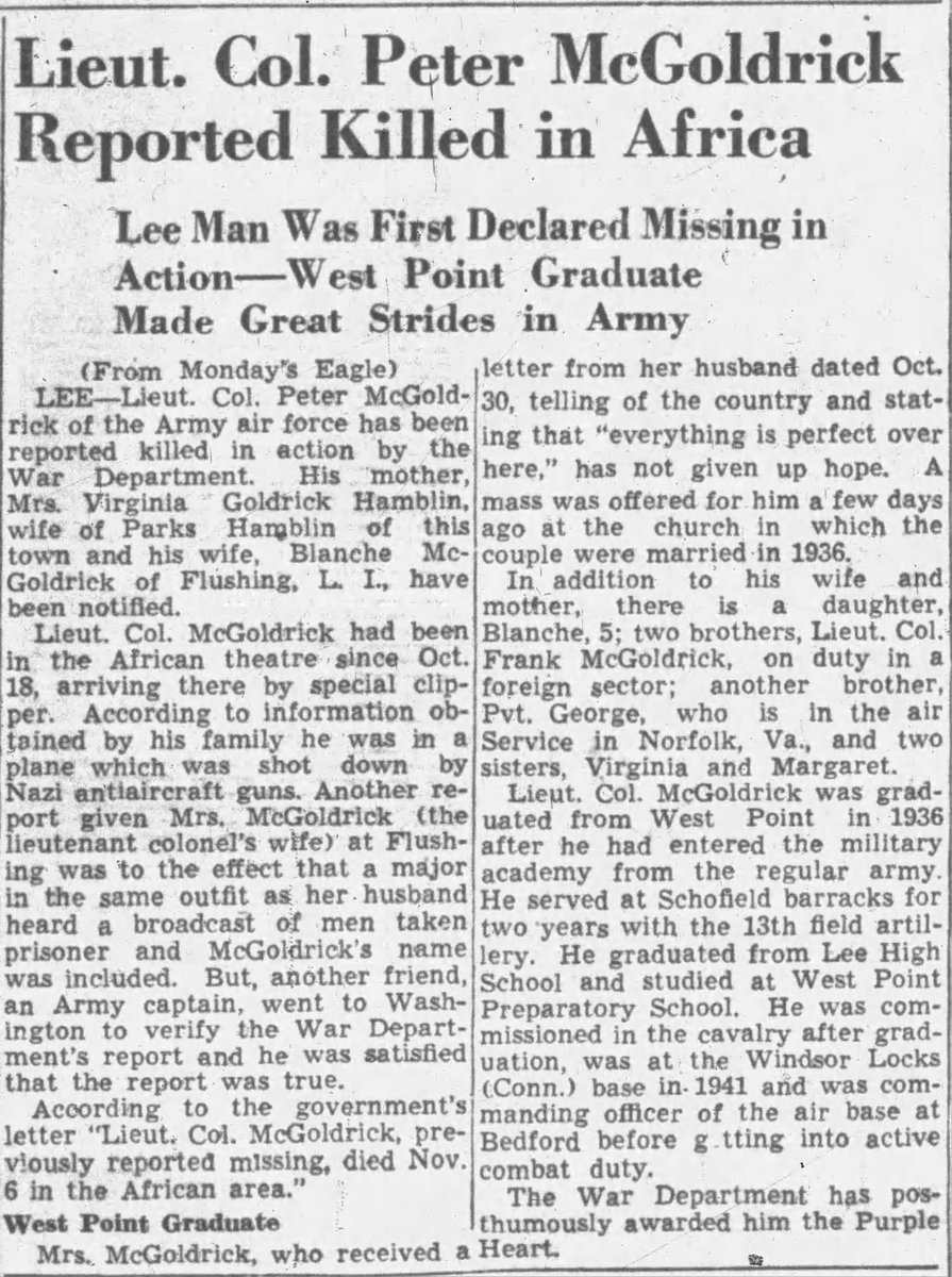 WW2Researcher's tweet image. Lieutenant Colonel Peter McGoldrick, of Lee,   Massachusetts, and the Commanding Officer of the 79th Fighter Group, was killed when his plane crashed into a mine field near Charing Cross, Egypt, on November 6, 1942, 82 years ago today. @WW2Researcher @AFmuseum @natvetsmuseum