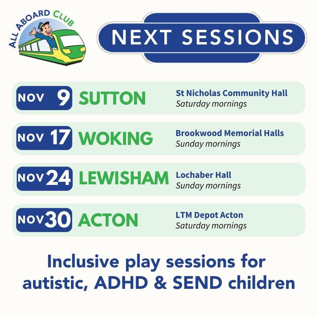 🚂 Dates for your diary! We run our #inclusive play sessions for #autistic, #ADHD &amp; #SEND kids in #Sutton, #Lewisham #Woking &amp; #Acton.

🗓 All our dates, full venue details &amp; how to book can be
found here on our website! 🌐 allaboardclub.com/book/