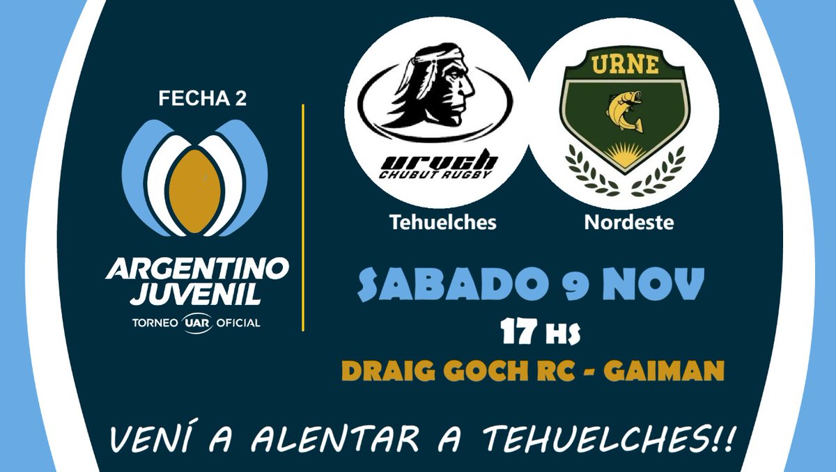 Este sábado los esperamos para alentar al seleccionado Juvenil de Tehuelches enfrentando a su par de Nordeste en Gaiman. Obviamente habrá bufet y actividades previas.  <a href="/urvchubut/">urvchubut</a> <a href="/_URNE/">URNE</a> <a href="/unionargentina/">Unión Argentina de Rugby</a>