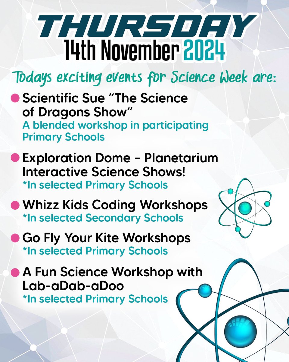 🌟 Science Week – Thursday, Nov 14th Highlights! 🌟

🐉 Science of Dragons Show  
🌌 Planetarium Shows  
💻 Whizz Kids Coding  
🪁 Kite Workshop  
🔬 Lab-aDab-aDoo Science Fun  

More info: mayo.ie/science-techno… | facebook.com/mayosciencetec…

#ScienceWeek #STEM