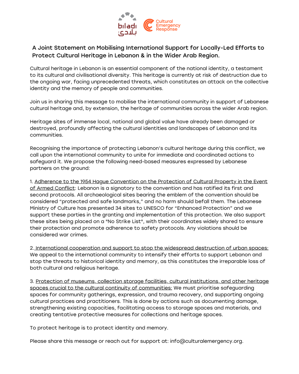 CERorganization's tweet photo. Recognising the importance of protecting Lebanon’s cultural heritage, &amp; the collective identity of people &amp; communities across the wider Arab region, we call upon the international community to unite for immediate and coordinated actions to safeguard it: https://t.co/El47k2Z0Sm https://t.co/yhmtttzKpG