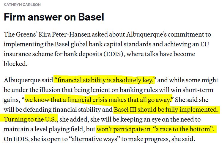 "Financial stability is absolutely key", says EU Commissioner-designate for financial services, Maria Luís #Albuquerque. Let's hope that her firm rejection of a race to the bottom will withstand the new wave of deregulation looming in the US under Trump... politico.eu/article/europe…