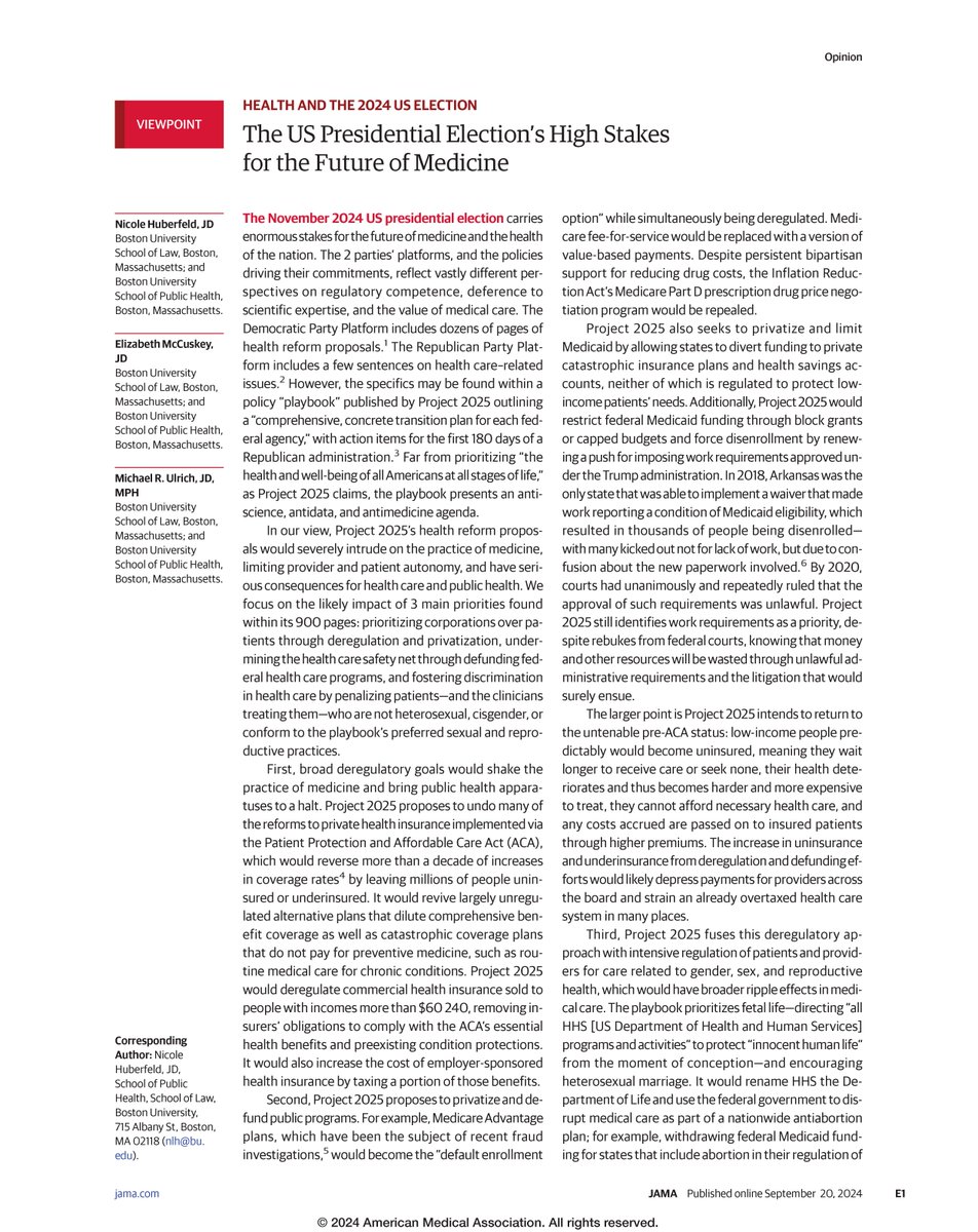 JAMA (@jama_current) on Twitter photo Viewpoint from authors at <a href="/BUSPH/">Boston University School of Public Health</a> examines how the outcome of the 2024 US presidential election could affect the future of medicine and public health. ja.ma/40rEs5j Viewpoint from authors at <a href="/BUSPH/">Boston University School of Public Health</a> examines how the outcome of the 2024 US presidential election could affect the future of medicine and public health. ja.ma/40rEs5j