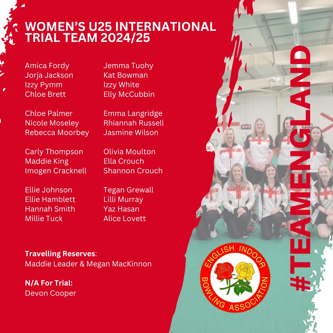 We are delighted to announce our 2024/25 men's, women's and U25 international trialists! 🏴󠁧󠁢󠁥󠁮󠁧󠁿

Our international trials will take place on 30th November and 1st December at Northampton and District Indoor Bowls Club. 

#EIBA #TeamEngland #InternationalTrials