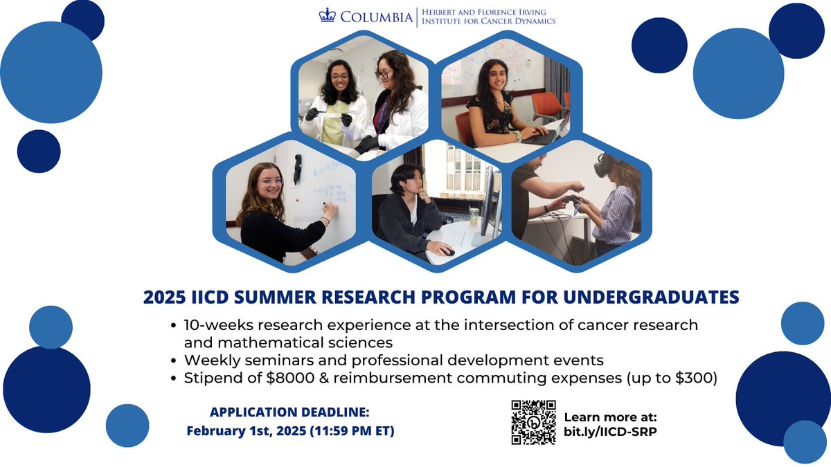 Applications are open! The 2025 IICD Summer Research Program offers a 10-week immersive experience in cancer research and mathematical sciences for undergrads.  📅 Apply by Feb 1, 2025: bit.ly/IICD-SRP