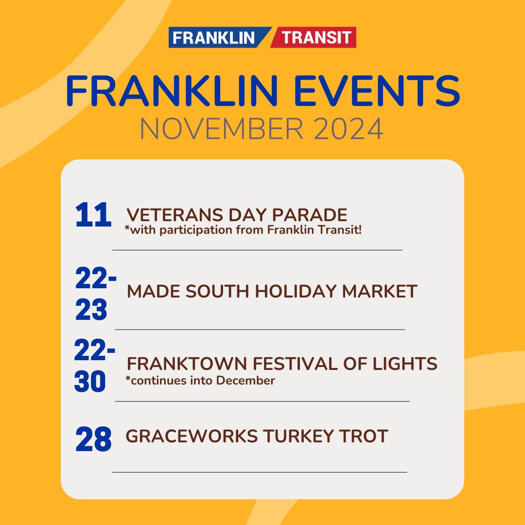 FranklinTransit's tweet image. Check out everything going on around Franklin this month, and see us in the City of Franklin Veteran's Day Parade soon! 🌟

Learn more about these Williamson County events at franklintransit.org 🔗

#FranklinTN #MiddleTN #VisitFranklin #FranklinTransit