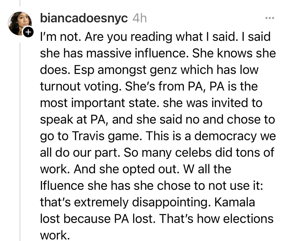 On Threads, this absolutely idiot is blaming Taylor Swift for the Harris loss. I cannot believe how asinine this person is.