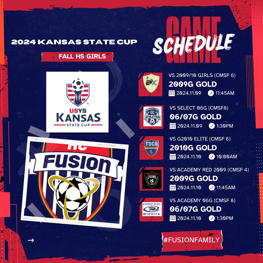 It’s that time of year again…State Cup baby! Our high school girls teams take to the field looking to #ClaimTheCup #FusionFamily #KSStateCup2024 #USYS 
⚽️ : 06/07G, 09G, and 10G
🗓 : November 7th-10th
🆚 : @ksyouthsoccer State Cup
🏟 : Compass Minerals Sporting Fields