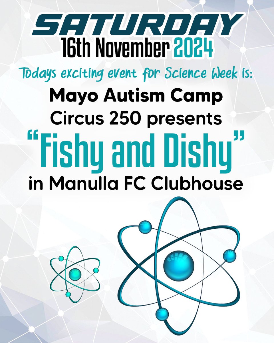 🌟 Science Week – Saturday, Nov 16th! 🌟

Today’s event: Mayo Autism Camp presents Circus 250’s *“Fishy and Dishy”* at Manulla FC Clubhouse!

An exciting show awaits!

More info: mayo.ie/science-techno…

#ScienceWeek #STEM