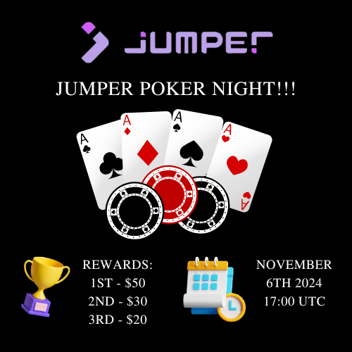 aleksander_100's tweet photo. Jumper Poker Night!!! ♥️♠️♦️♣️

Bring your A-game, let’s deal cards and make it a night to remember!

Link: https://t.co/dWaRIVezx8

📅November 6th 2024, 17:00 UTC

🏆Rewards:
🥇1st - $50 
🥈2nd - $30 
🥉3rd - $20

Discord Jumper: https://t.co/QN2y8RqXpL

@jumperapp