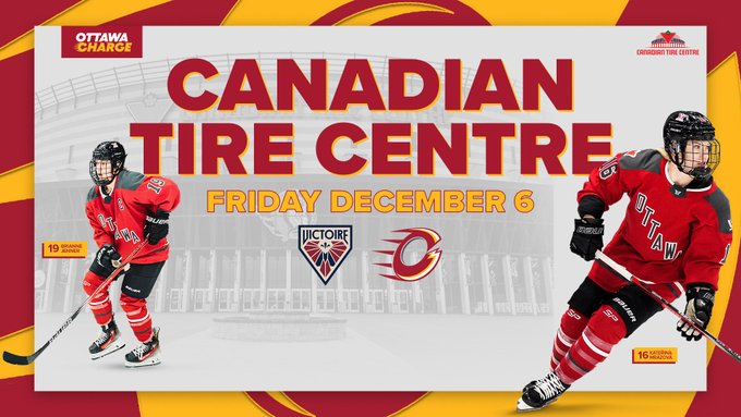 Graphic announcement for the Ottawa Charge vs Montreal Victoire at Canadian Tire Centre in Ottawa on December 6, 2024