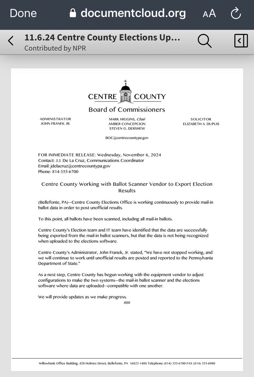 NEW: Pennsylvania's Centre County officials say they are working with their ballot scanner vendor to figure out why the county's mail-in ballot data is "not being recognized when uploaded to the elections software" 

#DoNotConcedeKamala #donotconcede
