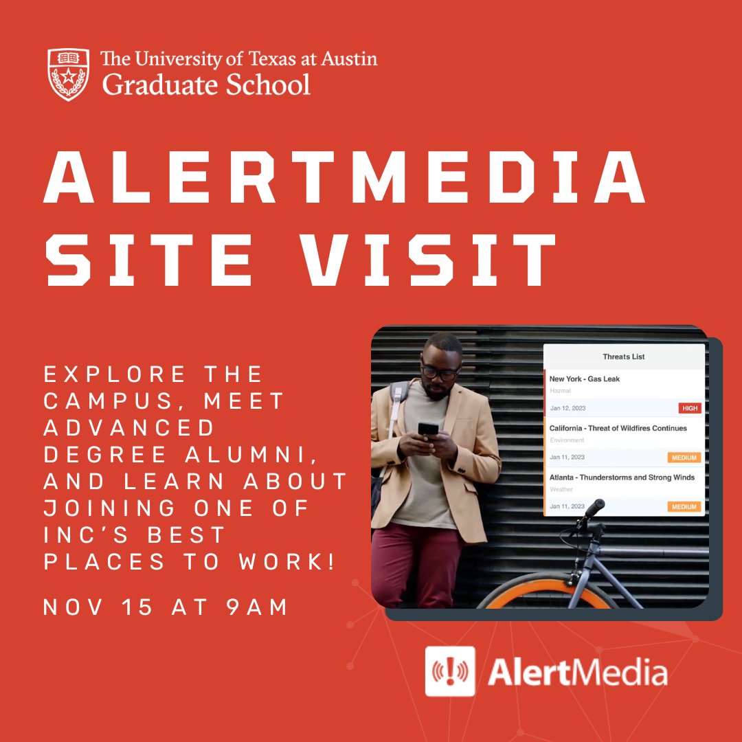 Join the Office of Career and Life Design for an AlertMedia site visit! Explore the campus, meet advanced degree alumni and learn what it's like to work at one of Austin's fastest growing tech companies!

Learn more and register: ow.ly/EakB50U0SSL