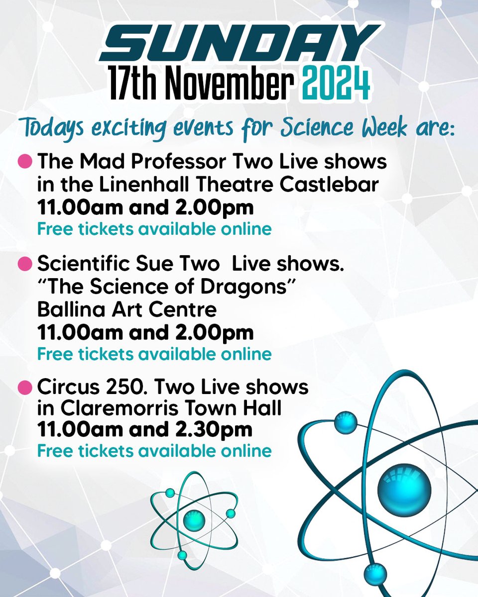 🌟 Science Week Finale – Sunday, Nov 17th! 🌟

🎩 Mad Professor at Linenhall, Castlebar – 11 AM &amp; 2 PM  
🐉 Science of Dragons at Ballina Art Centre – 11 AM &amp; 2 PM  
🎪 Circus 250 at Claremorris Town Hall – 11 AM &amp; 2:30 PM  

Free tickets online! mayo.ie/science-techno…