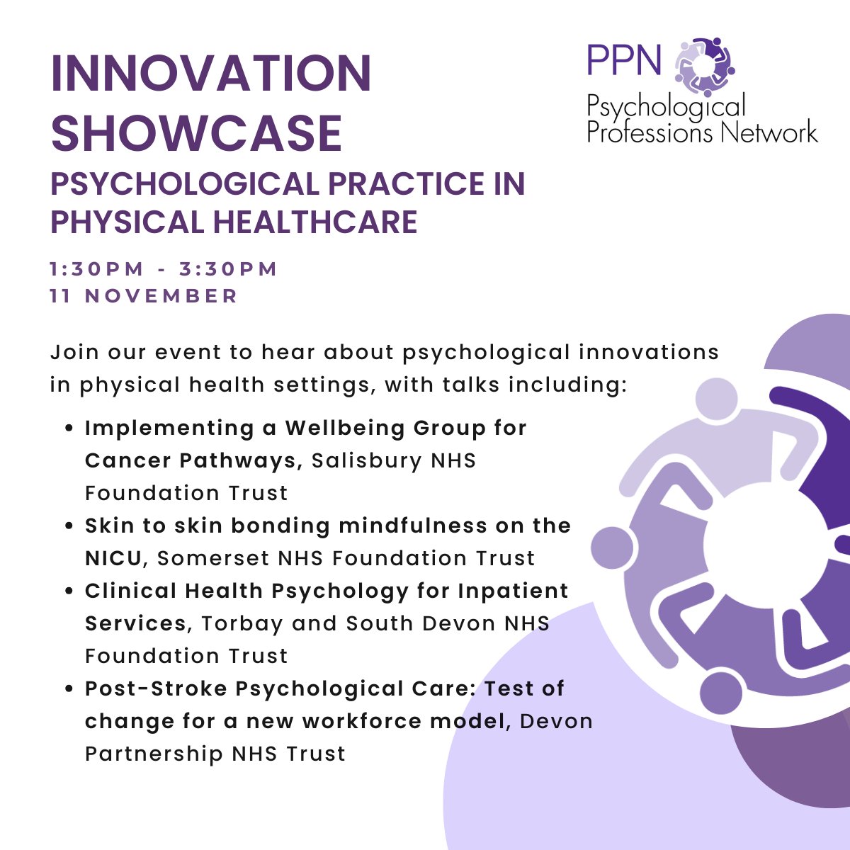 Psychological Professions Network South West (@swppn) on Twitter photo We are excited to give you a preview of the talks in our #PPWeek24 Innovation Showcase webinar on Monday! There's still time to sign up, so register at the link to hear about how teams in our region are bringing psychological practice into physical health
eventbrite.co.uk/e/innovation-s… We are excited to give you a preview of the talks in our #PPWeek24 Innovation Showcase webinar on Monday! There's still time to sign up, so register at the link to hear about how teams in our region are bringing psychological practice into physical health
eventbrite.co.uk/e/innovation-s…