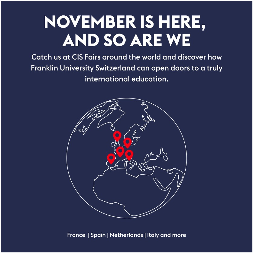 🌍✈️ November means we're on the move! Catch Franklin University Switzerland at CIS fairs in France, Spain, Netherlands, and Italy. Discover our unique Swiss-American education. See where we'll be next: fus.edu/admissions-and… #GlobalEducation #CISFairs