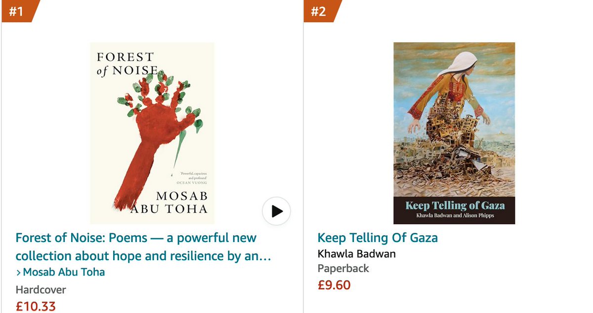 SidhePress's tweet photo. We are in the best possible company: Best Sellers in Political & Protest Poetry today @KhawlaBadwan @alison_phipps #KeepTellingOfGaza #ForestOfNoise https://t.co/0E8iznOQhy
