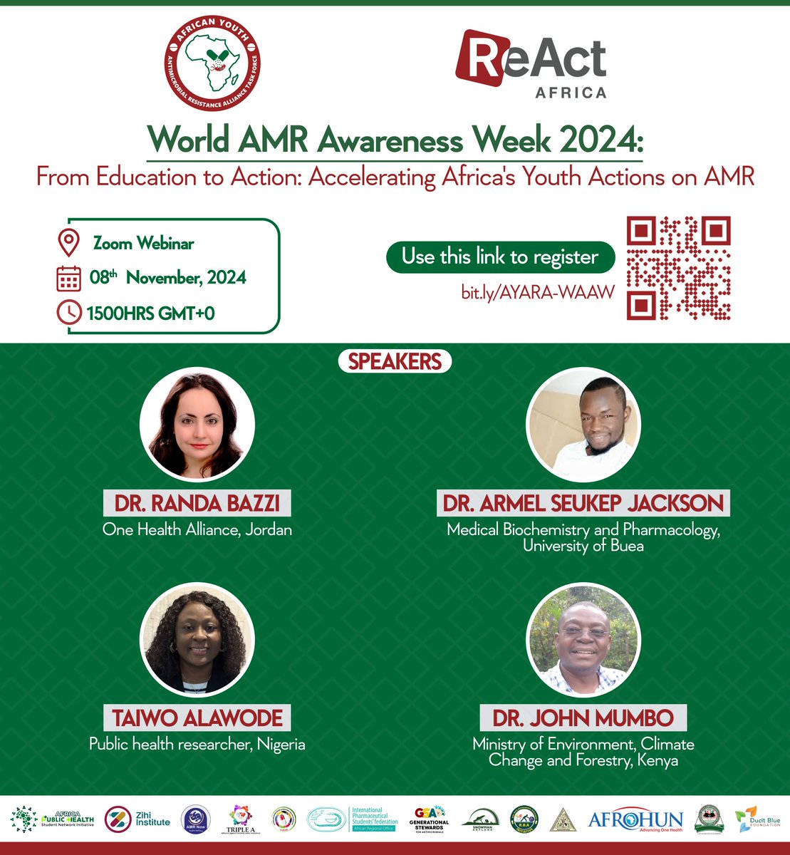 AYARA_TF's tweet photo. 📢Mark your calendars! Join us for the World AMR Awareness Week 2024 Webinar: From Education to Action – Accelerating Africa's Youth Actions on AMR.

📅 Date: Nov 8, 2024
🕒 Time: 03:00-04:30 PM GMT
🔗 Register Now:https://t.co/vSrLH9dw0e

#YouthAdvocacy 
#EducateAdvocateActNow https://t.co/LppZkeF1Ht