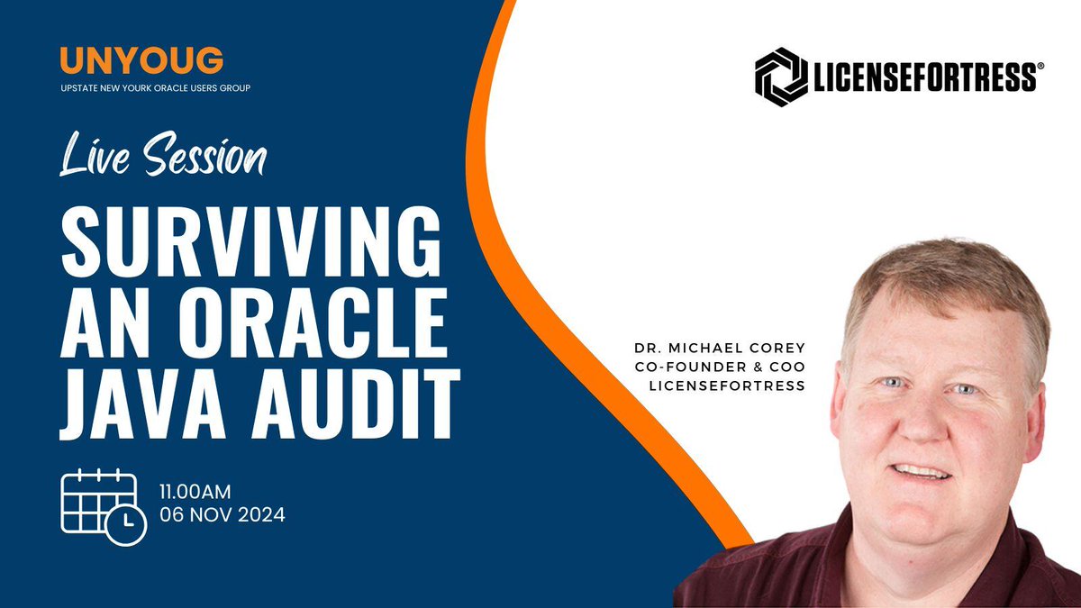 LicenseFortress (@licensefortress) on Twitter photo Join Dr. <a href="/Michael_Corey/">Michael Corey</a>, COO & Co-Founder, at #UNYOUG today as he dives into Oracle's new Java licensing model #OracleUsers #JavaLicensing #TechTalks Join Dr. <a href="/Michael_Corey/">Michael Corey</a>, COO & Co-Founder, at #UNYOUG today as he dives into Oracle's new Java licensing model #OracleUsers #JavaLicensing #TechTalks