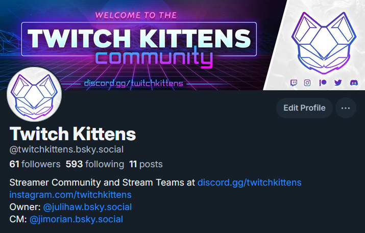Reminder that we have a TwitchKittens "starter pack" over there to help find and follow other streamers. You can sign up to be part of the pack in our Discord.