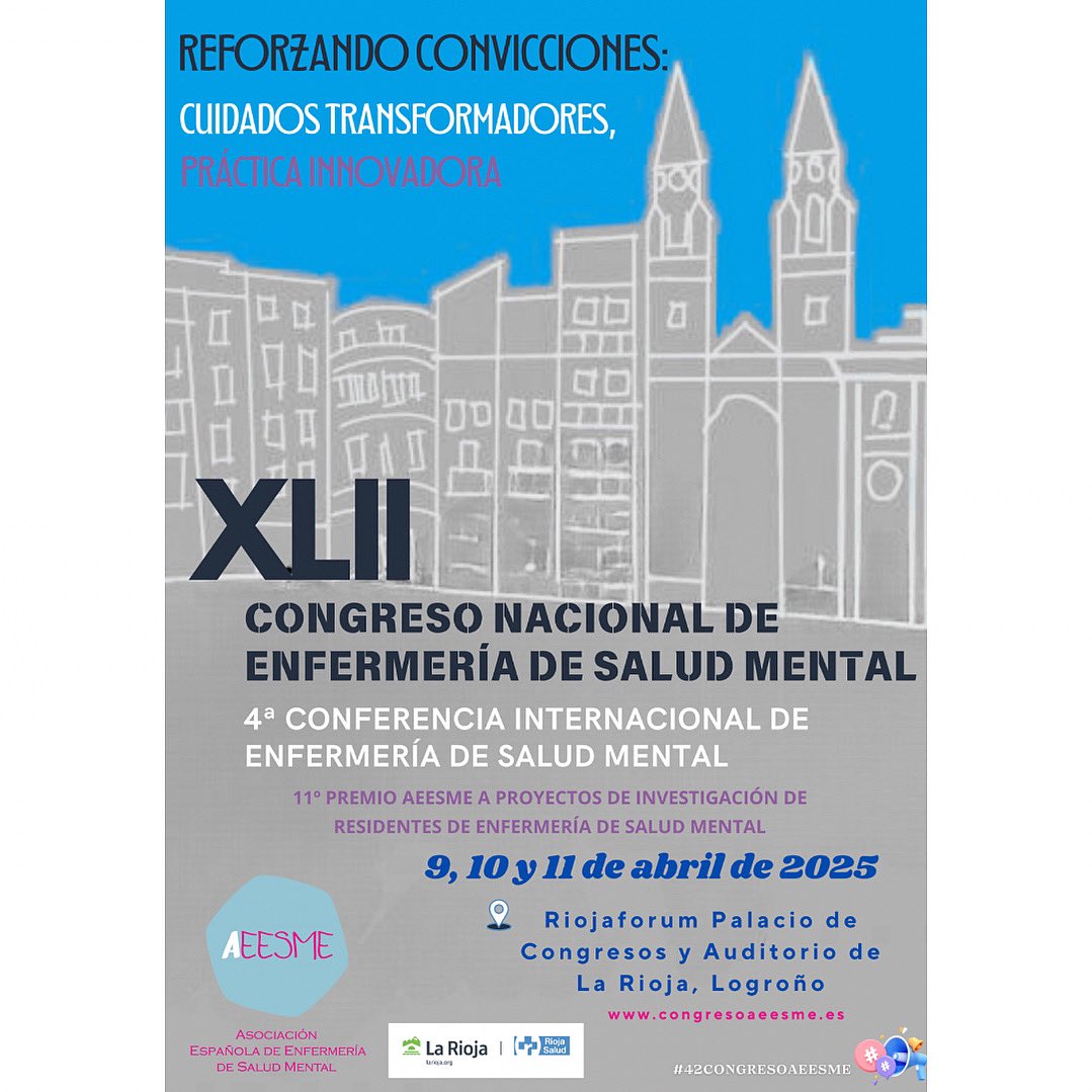 _AEESME's tweet photo. INFORMACIÓN

Nos complace anunciar el que será nuestro XLII Congreso Nacional de Enfermería de Salud Mental y 4ª Conferencia Internacional de Enfermería de Salud Mental, que con el lema "Reforzando convicciones: cuidados transformadores, práctica innovadora"

#42CongresoAEESME https://t.co/AABGJgqI84