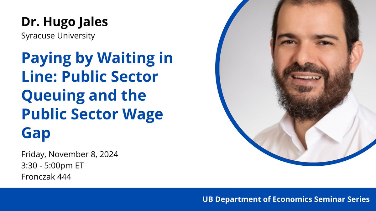Join us for our seminar series this Friday (Nov 8), during which Prof. Hugo Jales (<a href="/su_econdept/">SU Economics Dept</a>) will discuss how entrance exams, high wages, and limited employment contracts affects welfare in the public sector in Brazil!

More info: arts-sciences.buffalo.edu/economics/news…

#UBuffalo <a href="/UBCAS/">Arts and Sciences | University at Buffalo</a>