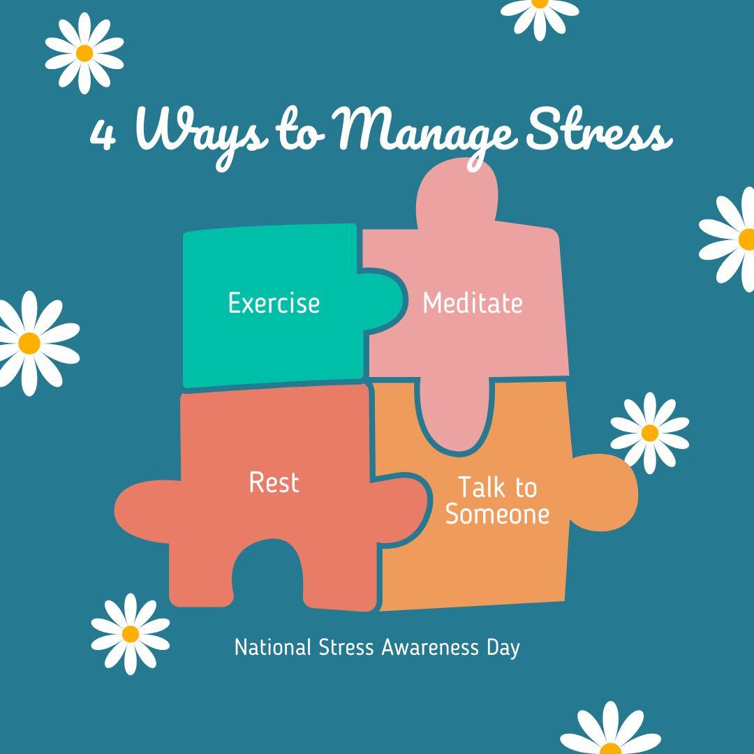 🧘‍♀️ National Stress Awareness Day Reminder! 🧘‍♂️ Here are 4 simple ways to manage stress and find your calm

Take a moment today to breathe and take care of yourself. 

#StressAwarenessDay #SelfCare #Mindfulness #MentalHealthMatters"