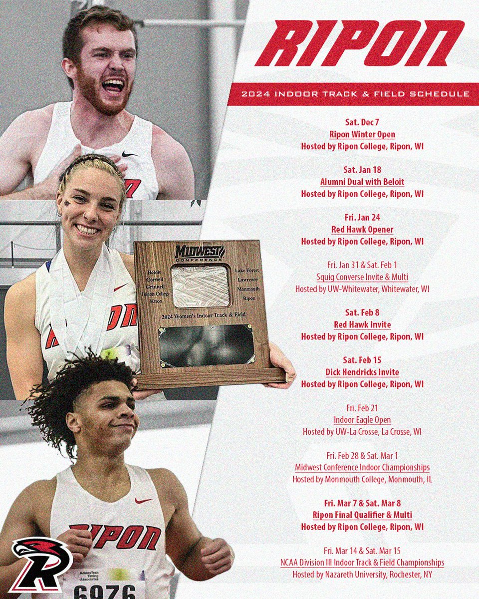 Ripon Red Hawks (@riponredhawks) on Twitter photo We're just over one month from the start of the indoor track and field season, and your Red Hawk men and women will both look for a Midwest Conference championship four-peat! Six home meets highlight the 2024-25 schedule!
#HawksFly | <a href="/RiponTrackXC/">Ripon Track & Field / XC</a> We're just over one month from the start of the indoor track and field season, and your Red Hawk men and women will both look for a Midwest Conference championship four-peat! Six home meets highlight the 2024-25 schedule!
#HawksFly | <a href="/RiponTrackXC/">Ripon Track & Field / XC</a>