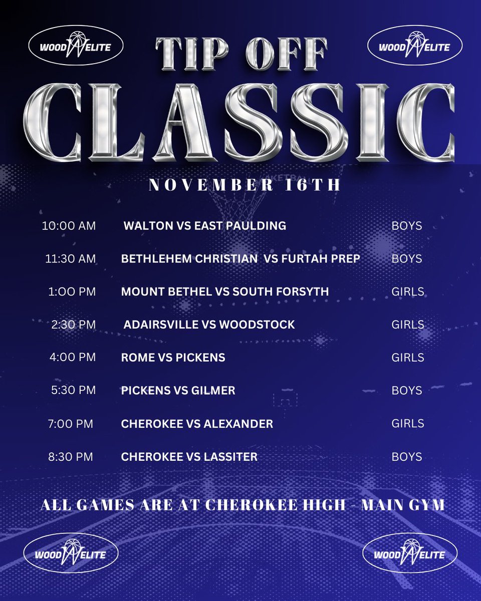 Wood Elite Tip Off Classic is set. 

🗓️: November 16th
🏢: Cherokee High School

The gym will be loaded with some of the 🍑 states top prospects &amp; some under the radar prospects. 🔥 #woodelitebasketball