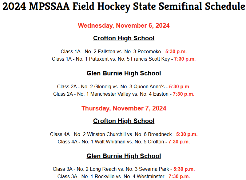 MPSSAA_Org's tweet image. It's the state semifinals for field hockey today and tomorrow! Check out the schedule and come support your team!