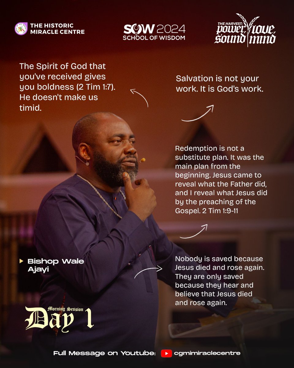 bishopwaleajayi's tweet photo. School of Wisdom 2024
Day 1, Morning Session 

-Bishop Wale Ajayi 

#sow2024 
#CGMiTHMC 
#PowerLoveSoundMind https://t.co/nT4Qzpr9Ce