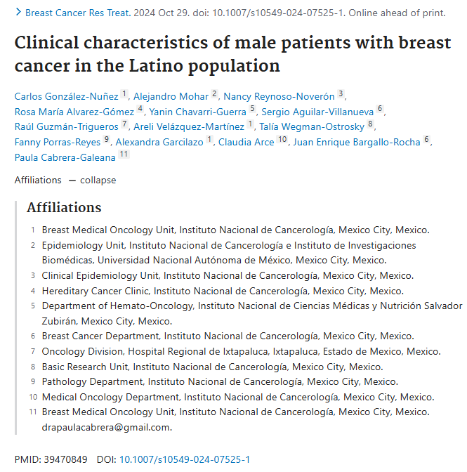 Este estudio presenta un análisis de pacientes varones con cáncer de mama atendidos en tres diferentes instituciones en México. DOI. 10.1007/s10549-024-07525-1. , participación del <a href="/incmnszmx/">INCMNSZ</a> , <a href="/yaninchavarri/">Yanin Chávarri</a> y Cols.