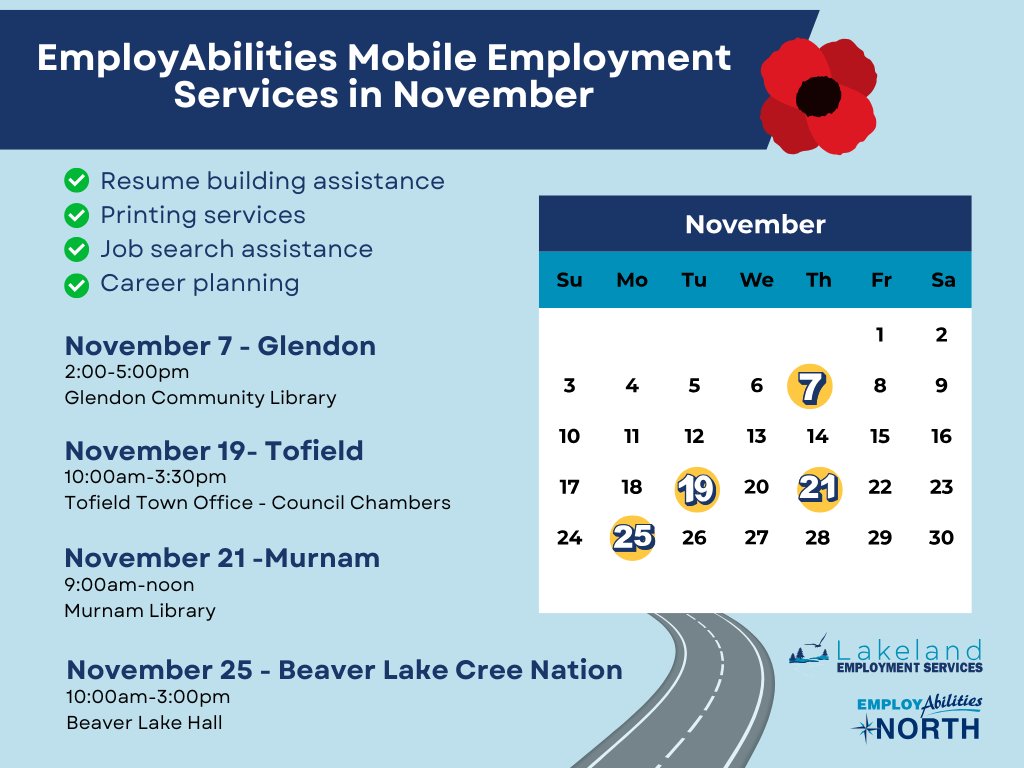 EmployAbilities's tweet image. Mobile employment services are back... we're in #Glendon tomorrow - Thursday, November 7 - providing resume building assistance, career planning, and job search assistance from 2:00-5:00pm at the Glendon Community Library. Join us!
