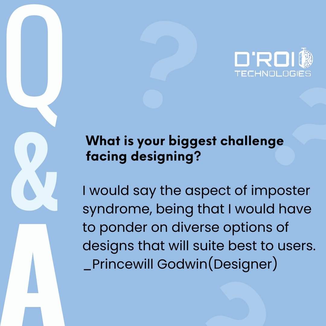 Droidtechn's tweet image. Staff Q&amp;amp;A
Q: What is your biggest challenge facing designing?
A: I would say the aspect of imposture syndrome, being that I would have to ponder on diverse options of designs that will suite best to users.
_Princewill Godwin(Designer)
#tech #programmer #coding #webdeveloper