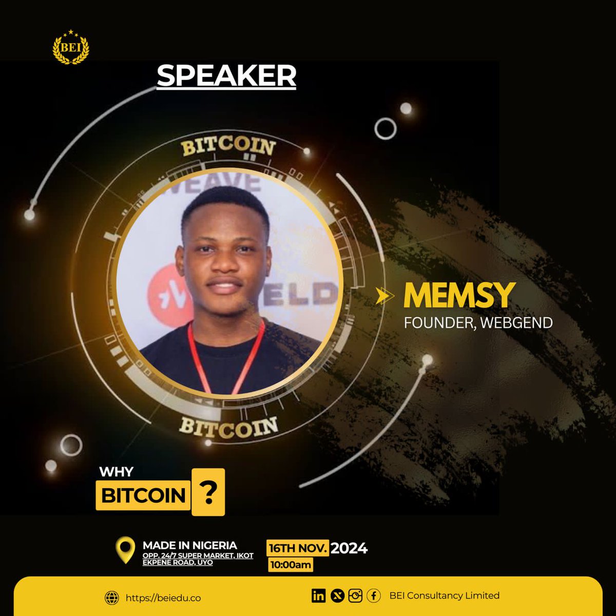 BEI_edu's tweet photo. Thrilled to welcome @Mr_memsy , Founder,  @WEBGEND To Why Bitcoin 2024  event.  Get ready for his insight on Bitcoin and Blockchain and the ecosystem at Large https://t.co/fyOpLaBH81