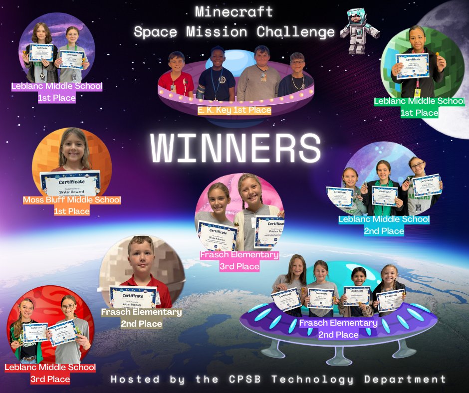 CPSB_TTC's tweet image. 🌟 Congrats to our Minecraft Space Mission Challenge winners! 🌟

Our students created amazing Living Quarters and Life-Support Areas for astronauts, showcasing creativity and teamwork. So proud of their out-of-this-world designs! 🚀🌌 #MinecraftChallenge