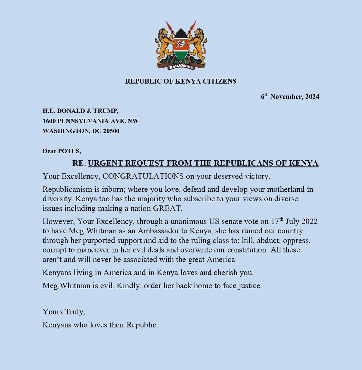 BernardKavuli's tweet photo. BREAKING: KENYANS have WRITTEN to the newly ELECTED president of America Donald Trumph to immediately RECALL and fire US ambassador to Kenya Meg Whitman for supporting Ruto's utterly CORRUPT policies AND the killing of Gen Zs during anti-finance PROTESTS in June. https://t.co/I8T4KNBLYa