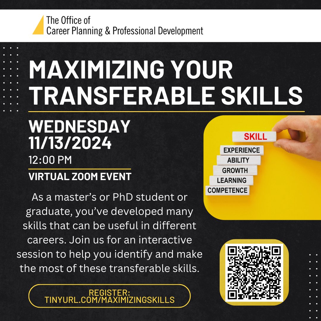 Join us on Zoom Wednesday, November 13th at noon for an interactive workshop: Maximizing Your Transferable Skills. Register now with QR code or at tinyurl.com/MAXIMIZINGSKIL…