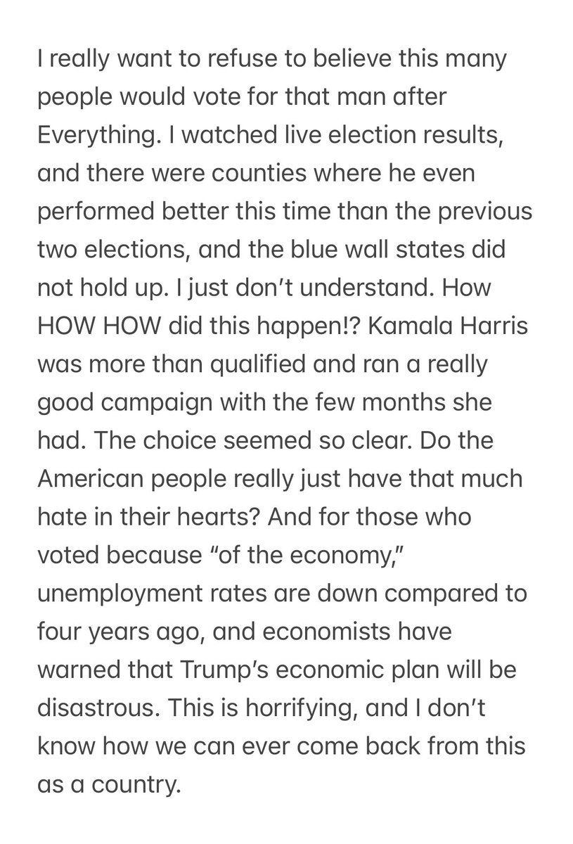 SamanthaLarkin7's tweet photo. I just don’t understand. I am deeply disappointed in the people of this country. #election2024 #Kamala #USAElection2024 https://t.co/oBJuC5wcGq