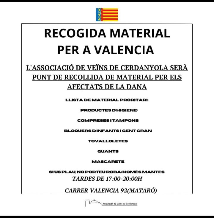 AVdeCerdanyola's tweet image. 🔊URGENT: Recol·lecta de productes per a València a l'associació de veïns
Des de l’Associacio de veïns de Cerdanyola som punt de recollida de material per enviar a València i oferir suport a les persones