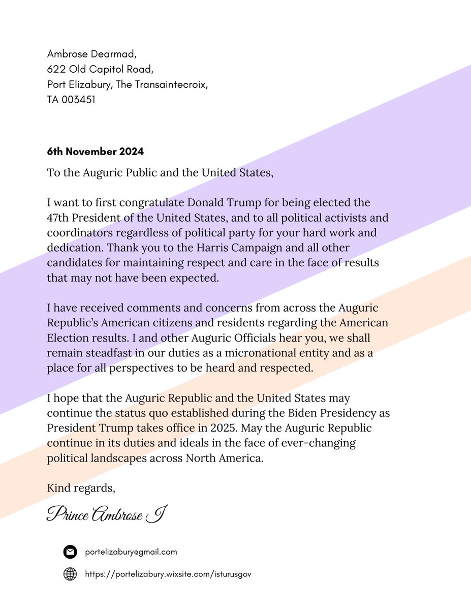 Prince Ambrose has released a letter to the Auguric Public and to the American Electorate.