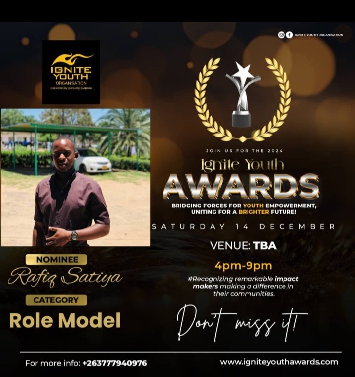 I'm glad to have been nominated for the ignite youth awards 2024 under the ROLE MODEL category.  Kindly vote for Rafiq satiya on the link below docs.google.com/forms/d/e/1FAI…