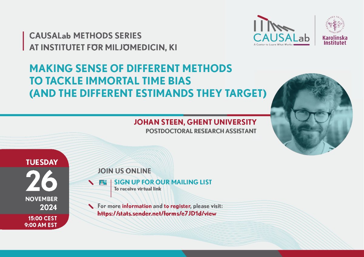 CAUSALab's tweet photo. The 2024-2025 CAUSALAb Methods Series @karolinskainst continues w/ Johan Steen's presentation on immortal time bias.

📆 Nov 26, 2024
⏰ 15.00 CEST/9.00 ET
📍 All Methods Series talks virtual

Register to attend 👇
https://t.co/P2iIQMc6fA
#causalinference #healthdata https://t.co/eRbTfVk0D7