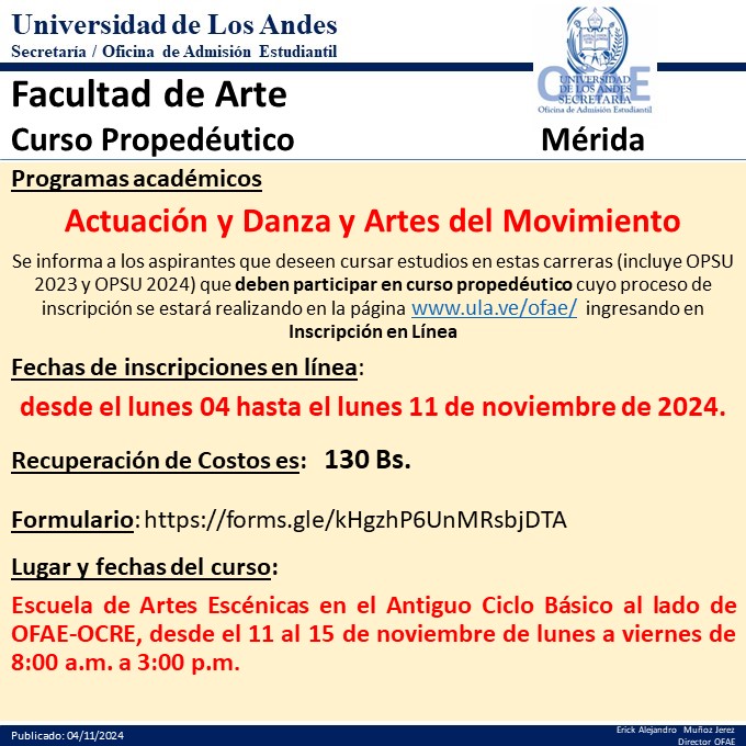 OFAEULA's tweet photo. Se anuncia el curso propedéutico de la Facultad de Arte, proceso de inscripción en la página de OFAE. https://t.co/QEoHQuZH3S