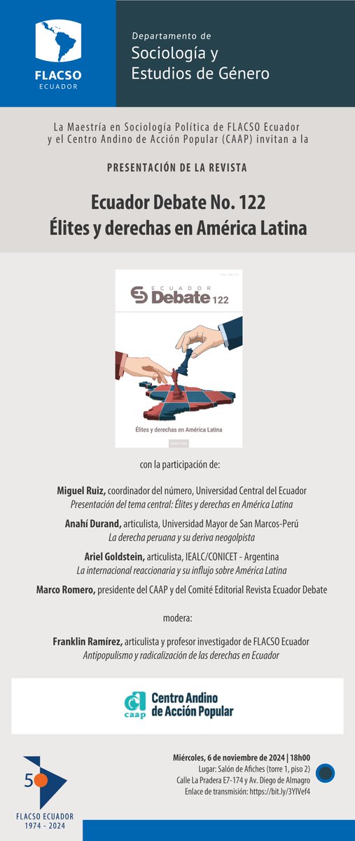 🗓️Hoy a las 18h00 en <a href="/FLACSOec/">FLACSO Ecuador</a> se presentará la Revista Ecuador Debate N. 122 
📍"Elites y derechas en América Latina"
Análisis que presentará la experiencia de algunos países claves en la región. 
Enlace: bit.ly/3YIVef4
Ver revista en: caapecuador.org