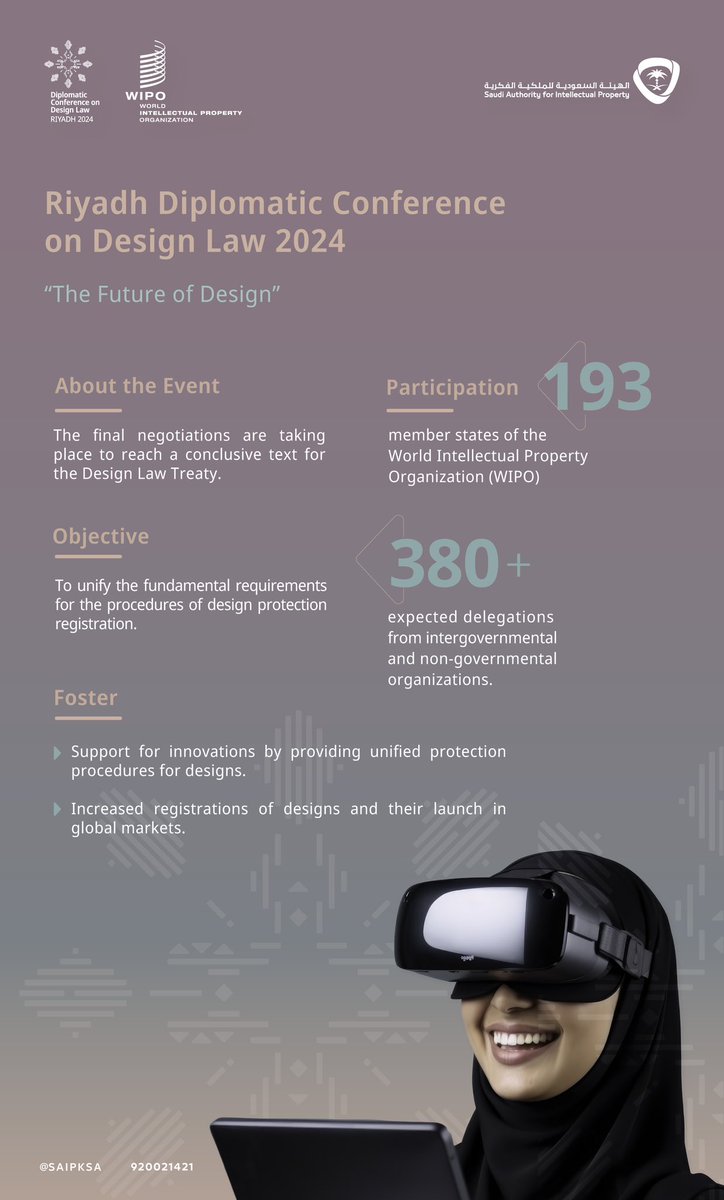 SAIPKSA's tweet photo. In Riyadh, 193 nations gather to discuss the "Design Law Treaty," marking a pivotal moment that strengthens the Kingdom's commitment to protecting global creativity for the #Future_of_Design.
#DesignDipCon https://t.co/FCgpg6shE4