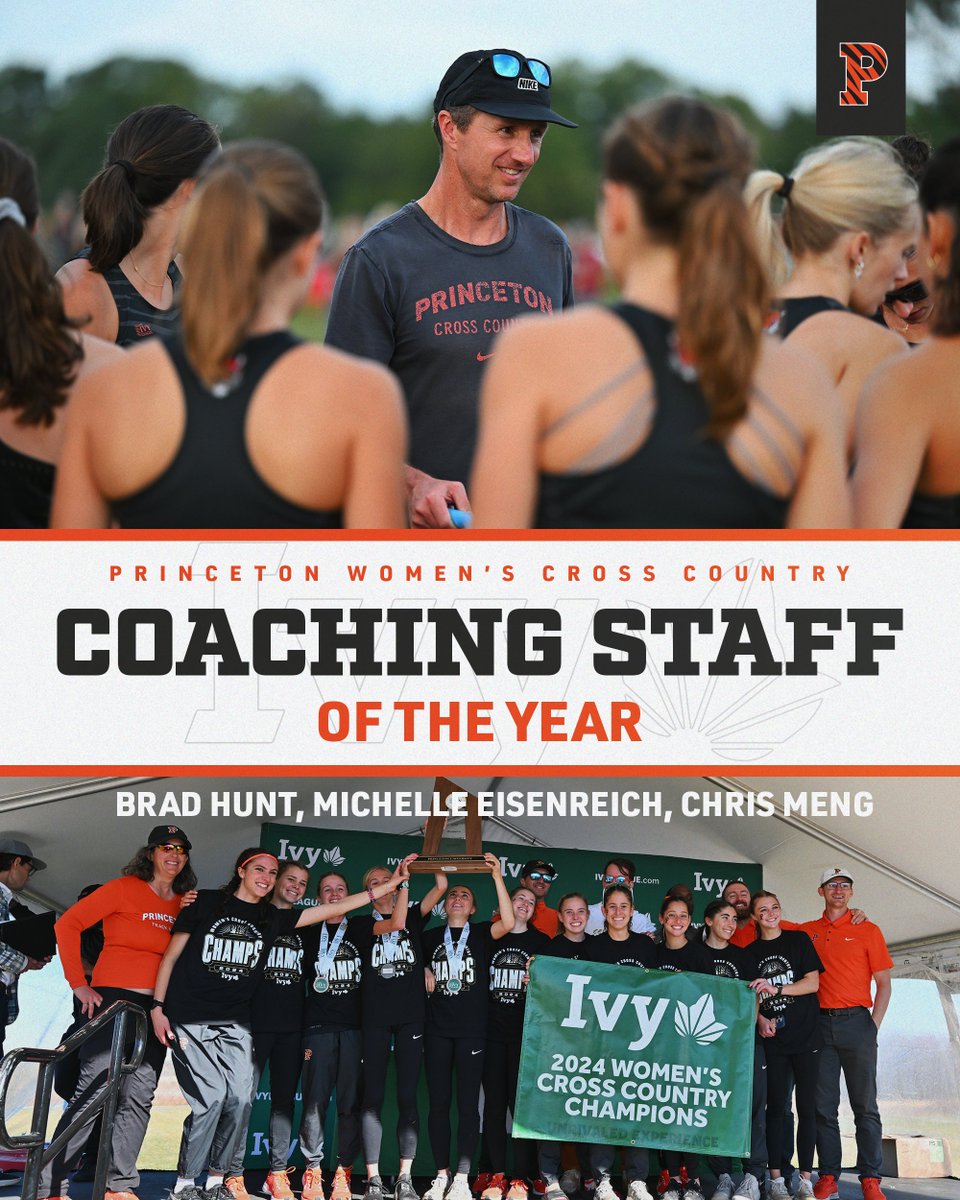 PrincetonTrack's tweet photo. Congratulations to Head Coach Brad Hunt, Michelle Eisenreich, and Chris Meng on being unanimously selected as the 2024 @IvyLeague Coaching Staff of the Year! 

#PrincetonCrossCountry #GoTigers #IvyLeague https://t.co/d5q5wDQs2I