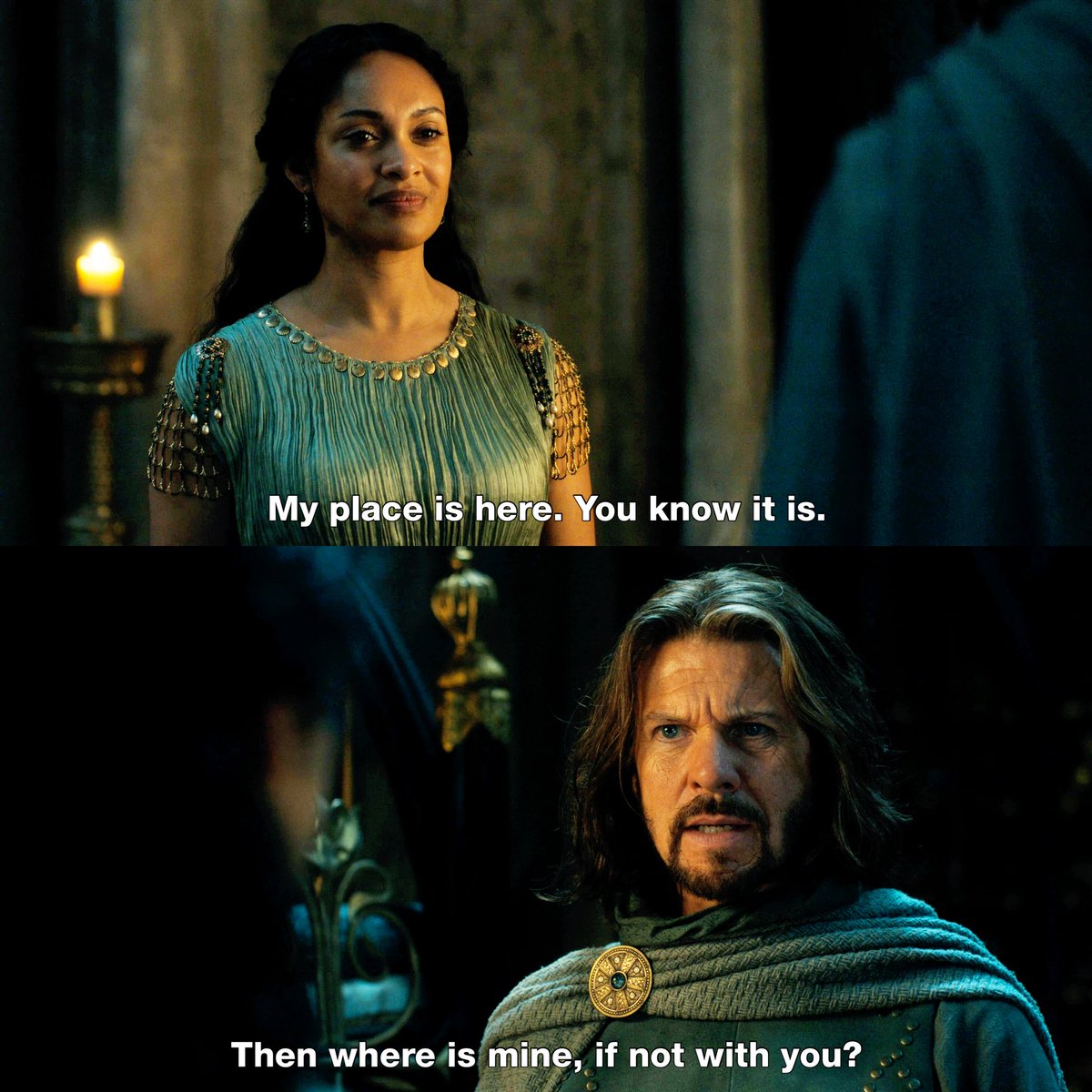 tropscenes's tweet photo. ❝ What cowardice have I ever shown to make you think I would even consider making safe my own skin at the peril of yours? ❞ Elendil to Míriel [S02E08 - SHADOW AND FLAME] #LordOfTheRings #TheRingsOfPower #MiddleEarth #Tolkien #Miriel #Elendil #CynthiaAddaiRobinson #LloydOwen https://t.co/Pw8yK1Kcux